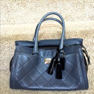 Coach leather satchel in dark gray and black.